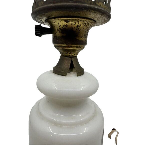 Vintage Milk Glass Oil Lamp Base With Floral Design & Brass Crown Detailing - Picture 12 of 14
